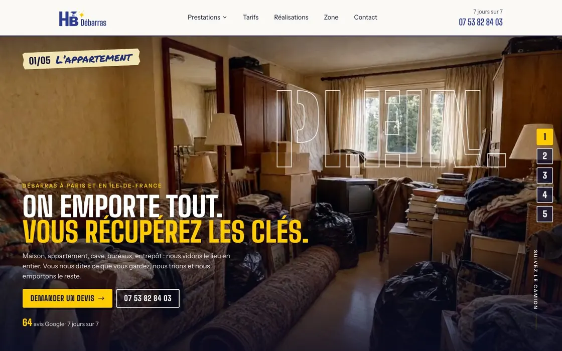 Page d'accueil du site HB Débarras